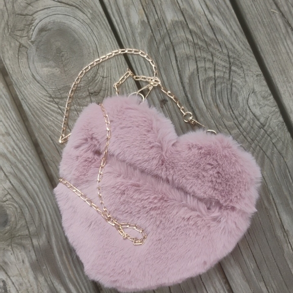 Handbags - Pink Heart-Shaped Faux Fur Purse